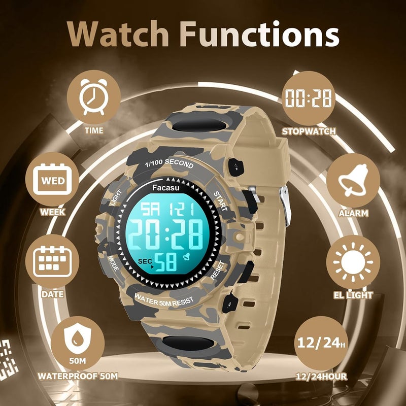 Facasu Store Camo Sports Watch for Boys-Waterproof Kids Digital Watch with Light, Alarm&Snooze,Stopwatch Military Design Silicone Band Gift for Birthdays,Christmas Outdoor Activities(8+ Years) - Image 3